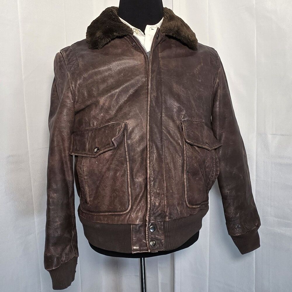 Vintage Aberdeen Leather Flight Jacket Mens 40R Brown Fur Collar Sherpa Bomber